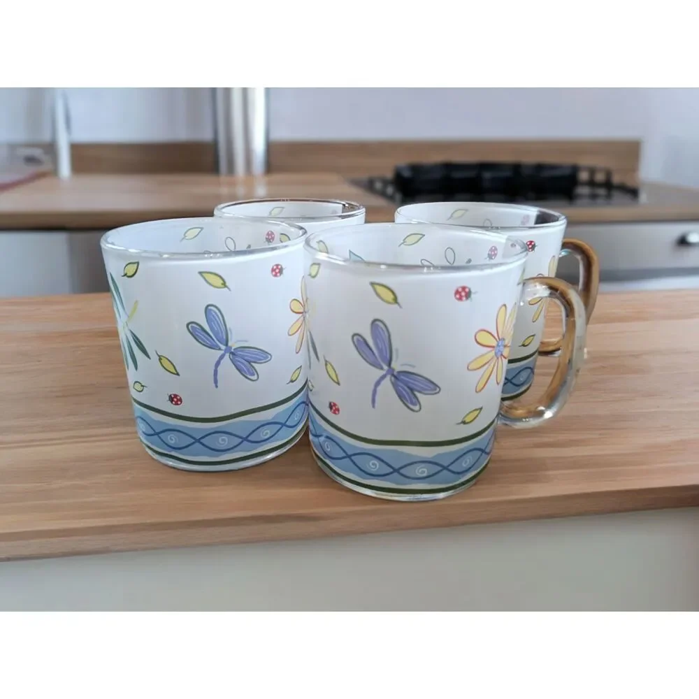 Vintage Arc Arcopal France Blue Daisy Glass Mugs Set of 4